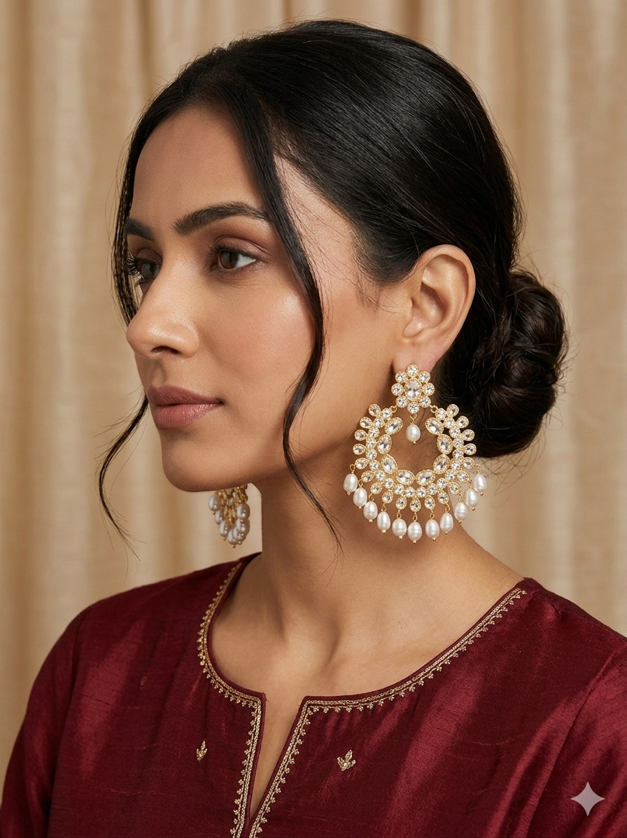 Elegant Floral Kundan Chandbali Earrings with Pearl Drops