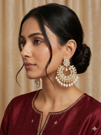 Elegant Floral Kundan Chandbali Earrings with Pearl Drops