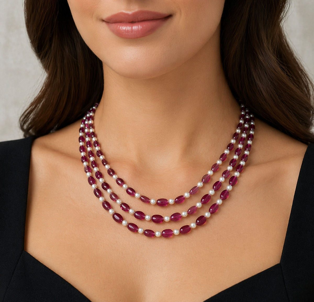 Ruby Elegance Multi-Layer Pearl Beaded Necklace