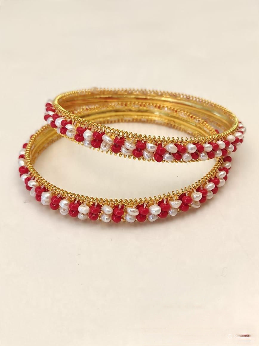 Traditional Seed Pearls Coral & Emerald Beads Bangles