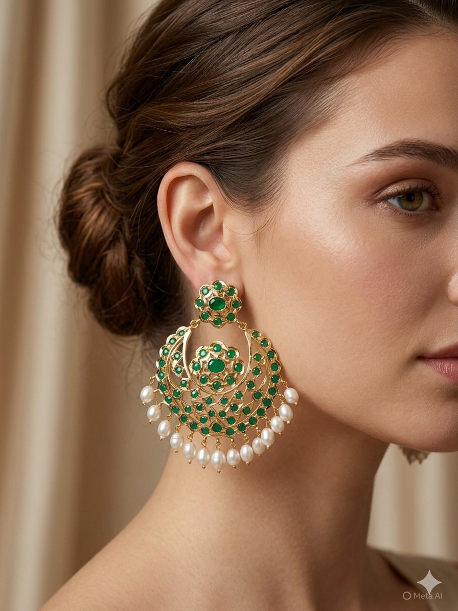 Emerald Green Kundan Pearl Layered Chandbali Earrings