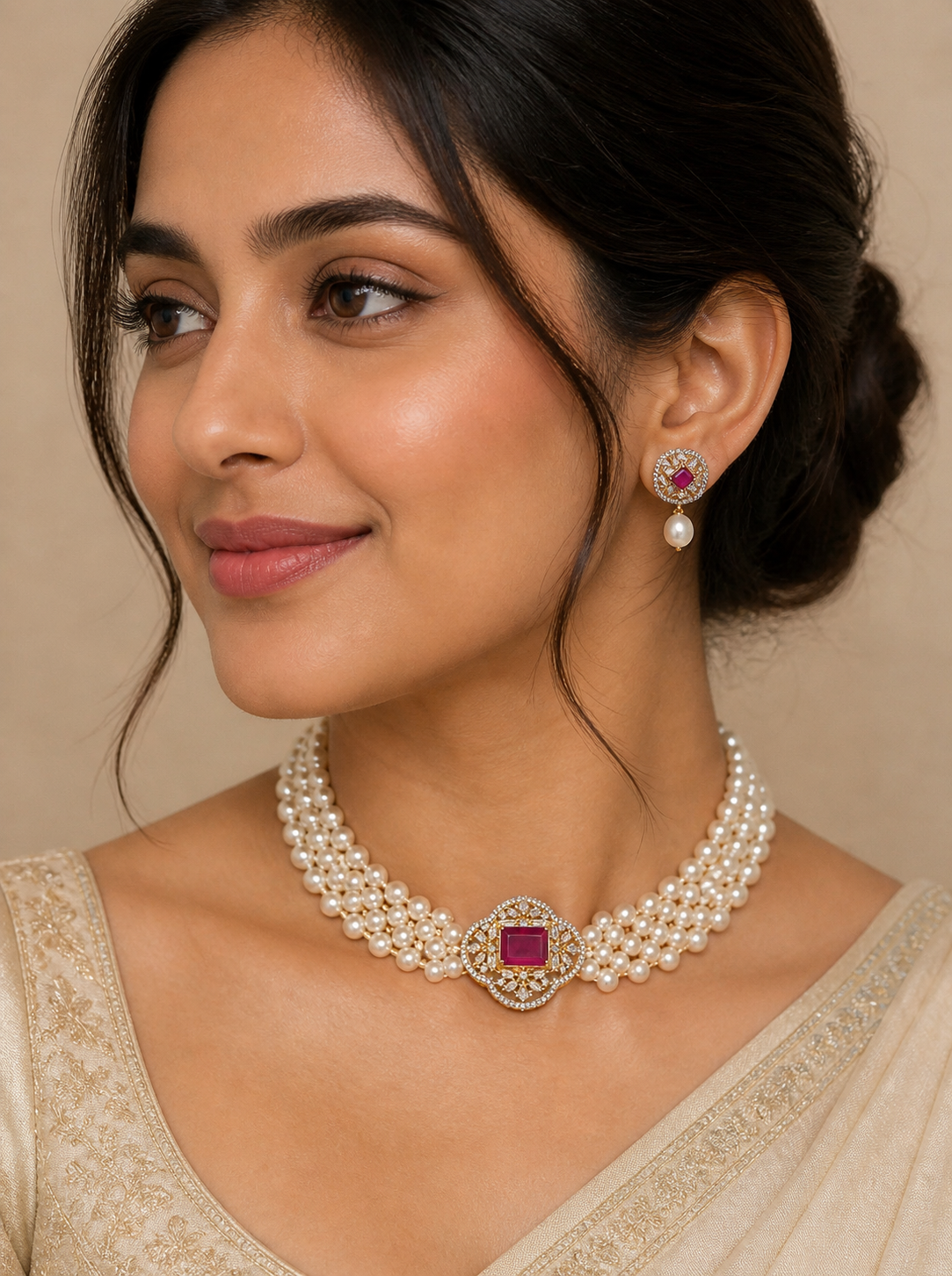 Royal Ruby & Pearl Multi-Strand Choker Set
