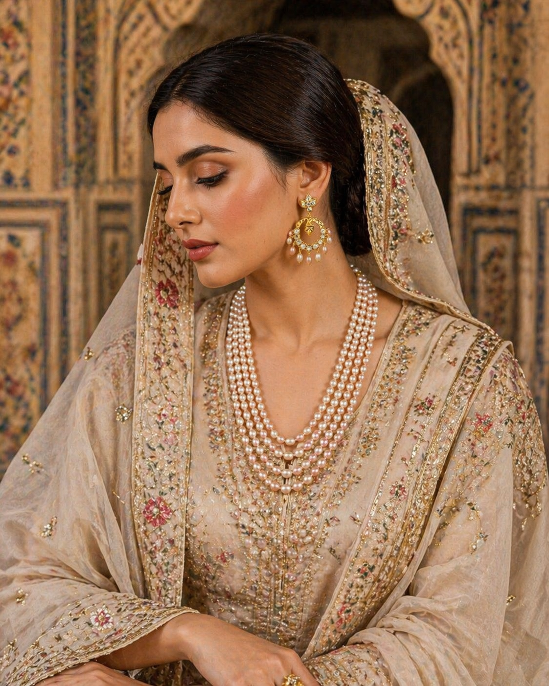 Elegant Multi-Layer Blush Pearl Necklace Set with Designer Chandbali Earrings