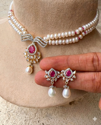 Luxury Crimson Red Gemstone & White Pearl Choker Set