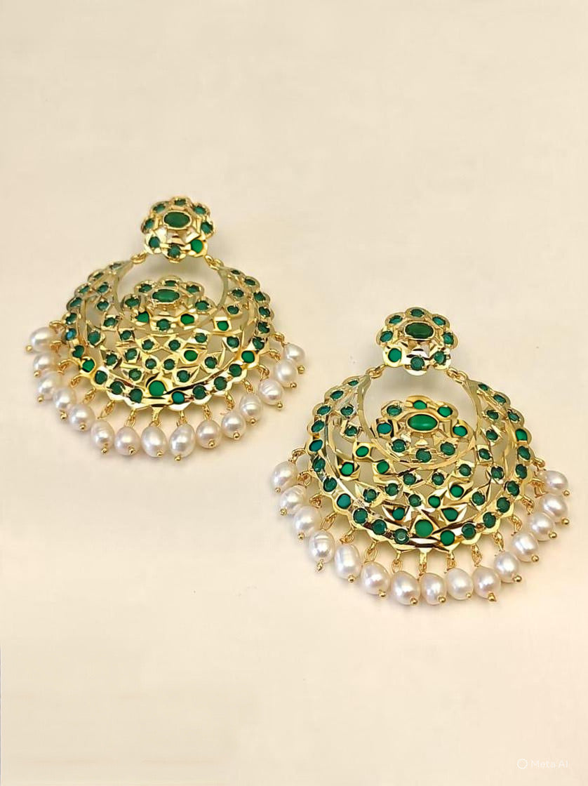 Emerald green kundan pearl layered chandbali earrings