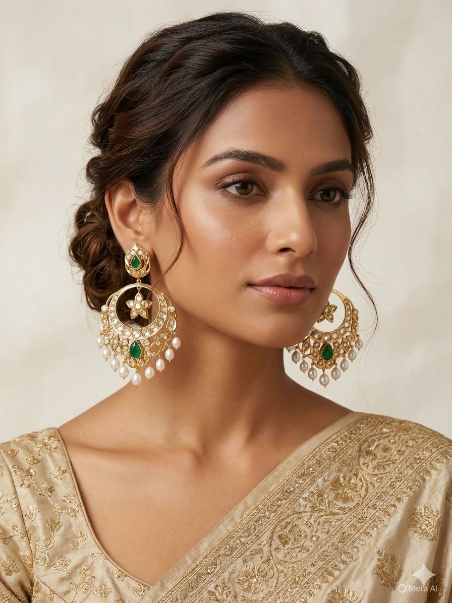 Emerald Pearl Drop Chandbali Earrings