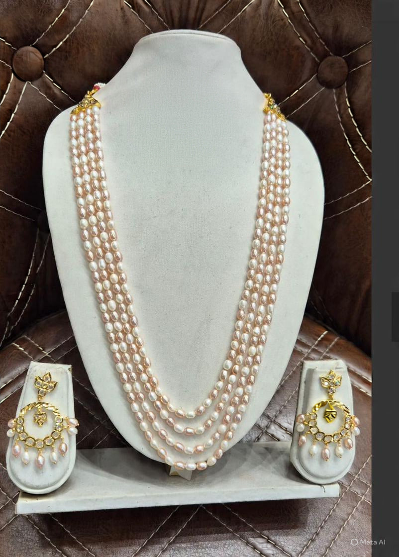 Elegant Multi-Layer Blush Pearl Necklace Set with Designer Chandbali Earrings