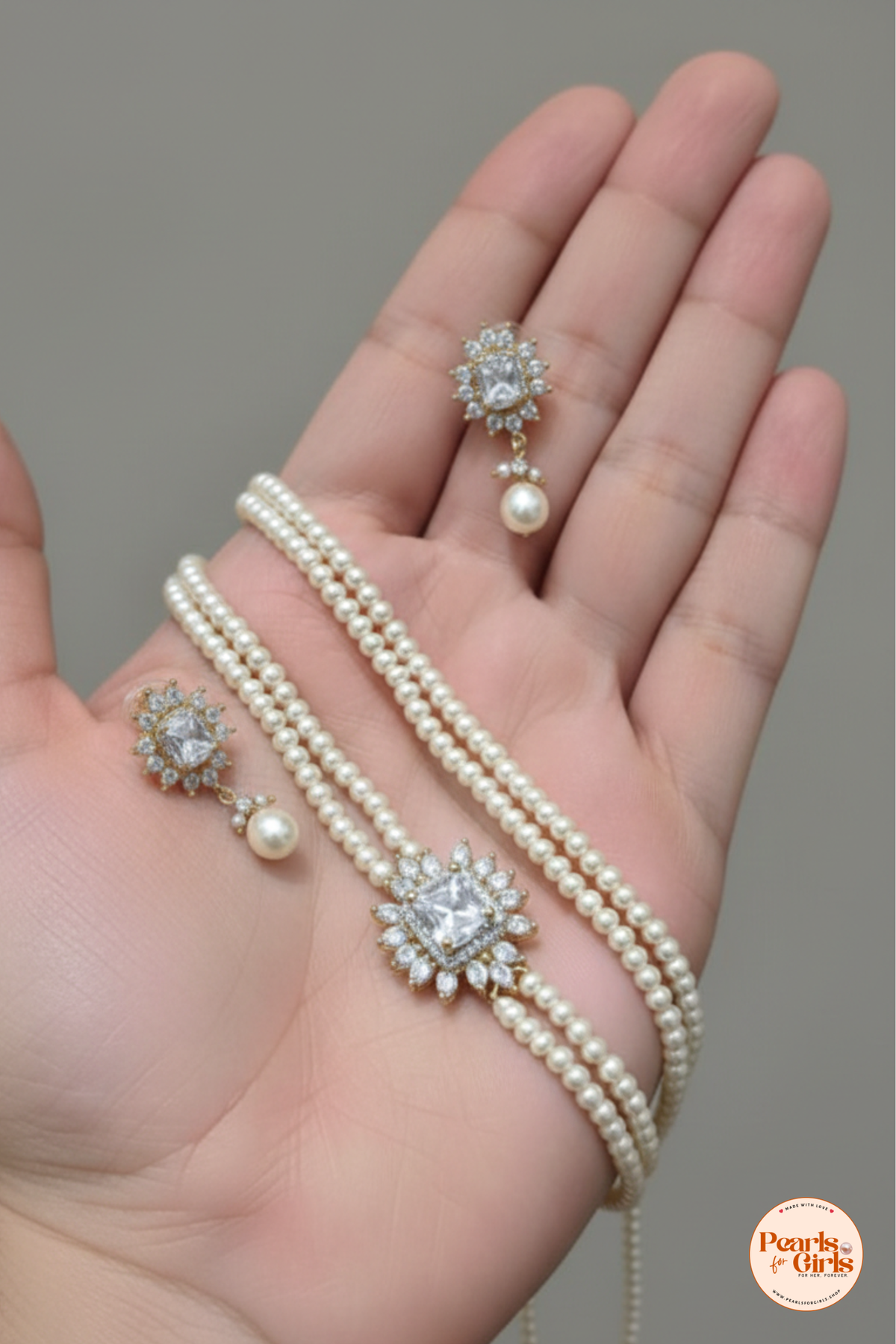 Double layer side brooch pearl necklace
