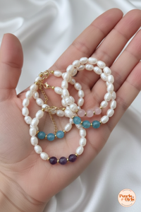 Natural Lapis Lazuli and White Pearl Beaded Bracelets